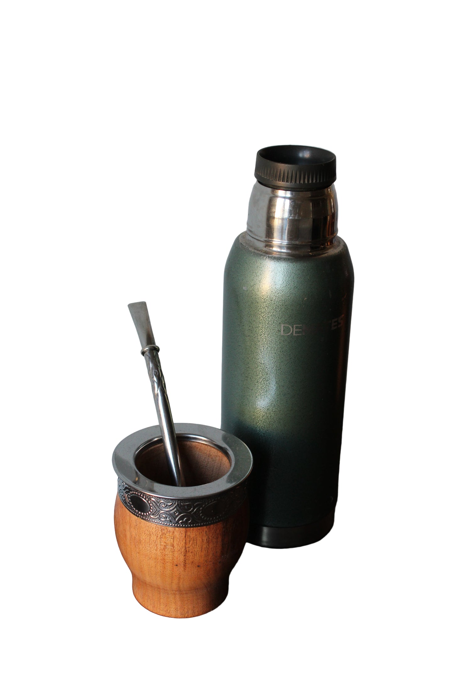 KIT 18-  IMPERIAL DE AGARROBO DE ACERO +  BOMBILLON DE ALPACA +  TERMO DE DEMATES